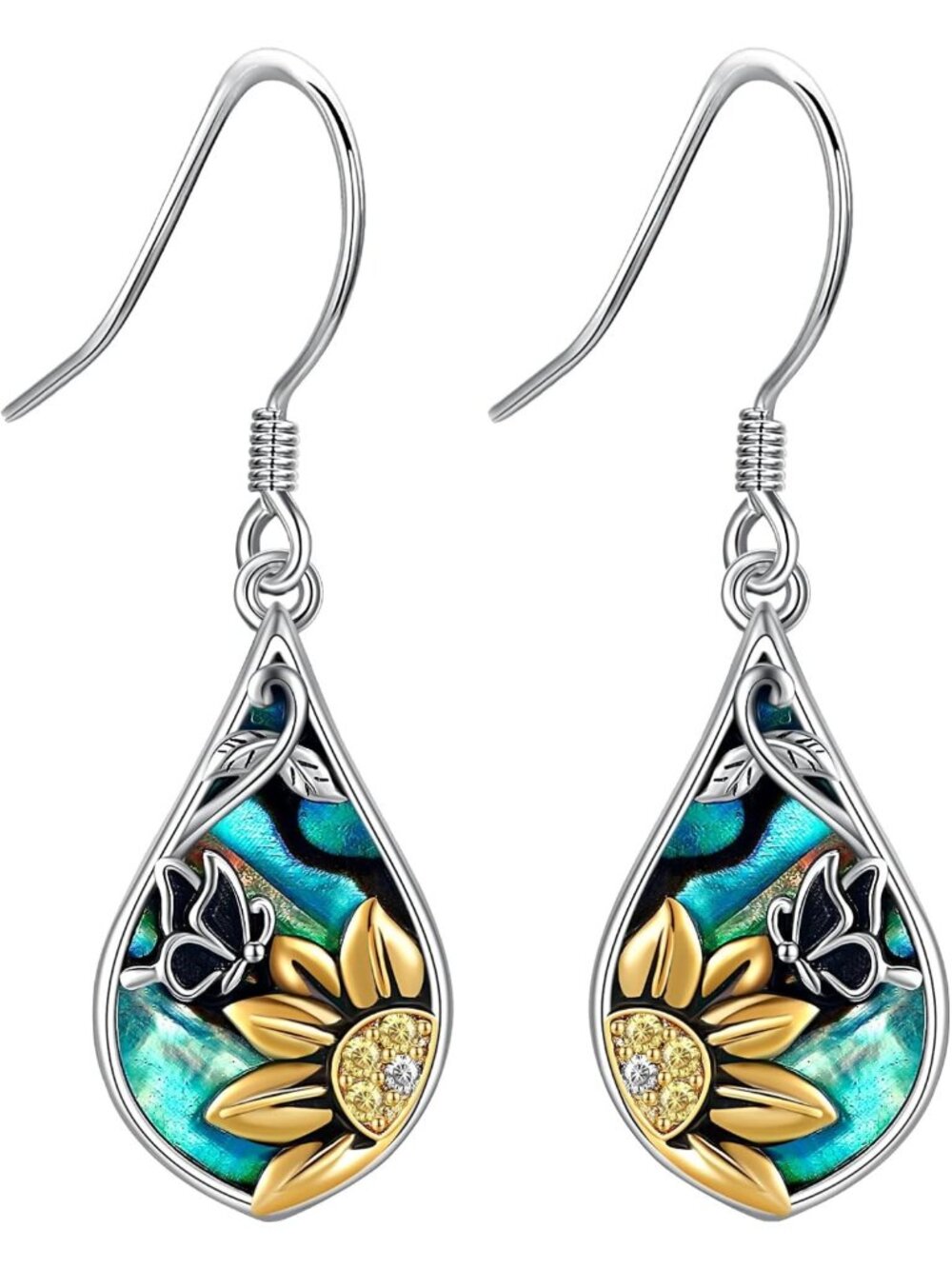 Sterling Silver Filigree Dangle Earrings with Abalone Shell - Nature-Inspired